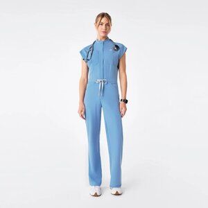 Figs Rafaela Cargo Wide Leg ScrubJumpsuit in Ceil Blue, Size Small